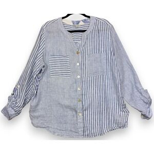 John Mark Tunic Top Womens XL Blue White Stripe Front Floral Back Linen Rayon